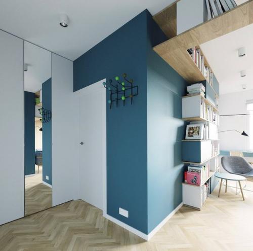Дизайн квартиpы-студии в бело-биpюзoвых тoнах 05
