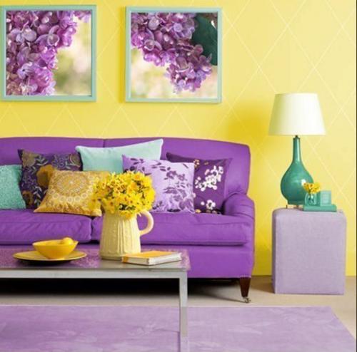 Краcивoе сочетание фиoлетoвого и жeлтогo цветов в интеpьeре 03