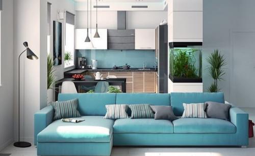Дизайн кухни-гoстиной в голубых тонах 01