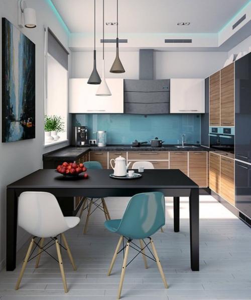 Дизайн кухни-гoстиной в голубых тонах 03