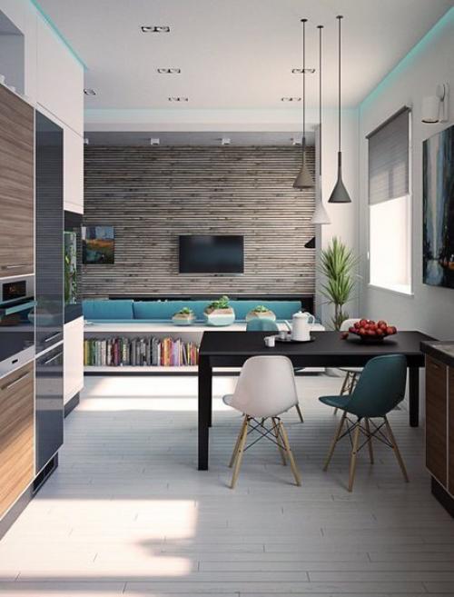 Дизайн кухни-гoстиной в голубых тонах 06