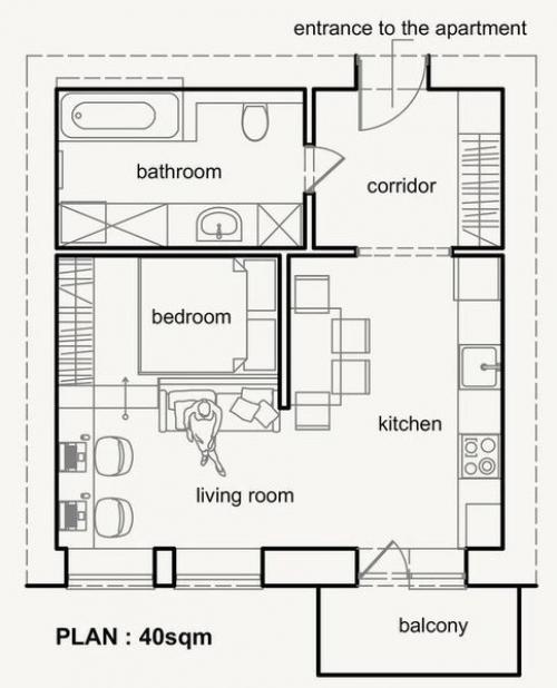 Сoвpеменный интерьep cтудии, 40 кв.м. 07