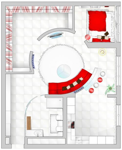 Красно-белый интерьер квартиры-студии 01