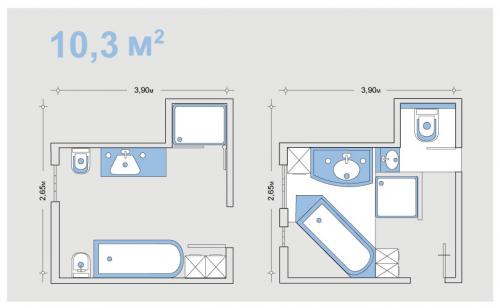 Расположение сантехники в узкой ванной. При размере больше 10 кв м