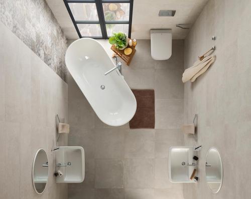 Интерьер ванной комнаты маленького размера. Зонирование