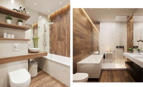 Дизайн маленькой ванной под дерево. Применить плитку под дерево в интерьер ванной комнаты можно несколькими способами.