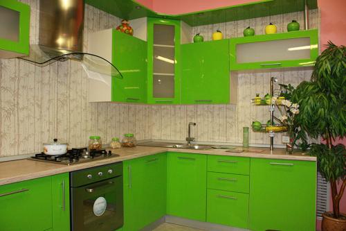 Салатовая кухня с черной столешницей. Где рекомендовано использовать цвет