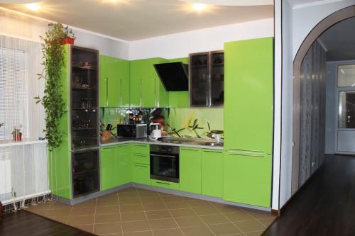 Салатовая кухня с черной столешницей. Где рекомендовано использовать цвет