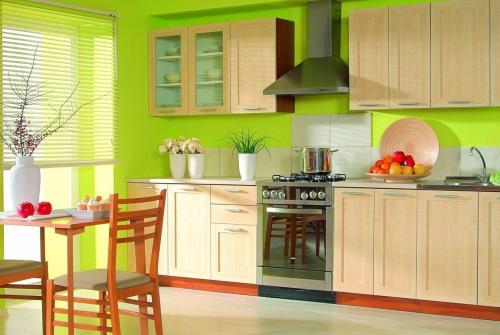 Салатовая кухня с черной столешницей. Где рекомендовано использовать цвет