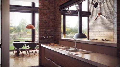 Кирпичные стены в квартире. Кирпич на стене в кухне и столовой