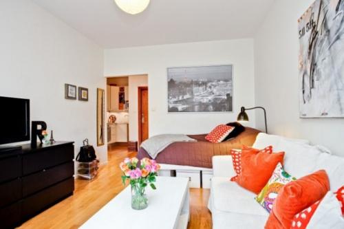 Дизайн кухни гостиной с коридором в студии. Houzz тур: Крошечная студия с кухней в коридоре 09