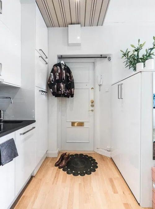 Дизайн кухни гостиной с коридором в студии. Houzz тур: Крошечная студия с кухней в коридоре 04