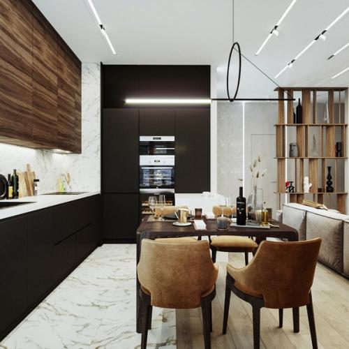 Уютная кухня - гостиная в проекте квартиры в Москве. 04