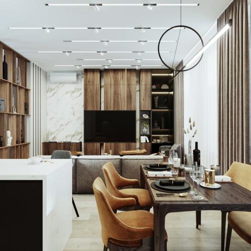 Уютная кухня - гостиная в проекте квартиры в Москве. 01