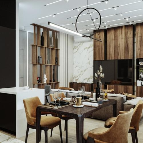 Уютная кухня - гостиная в проекте квартиры в Москве. 02