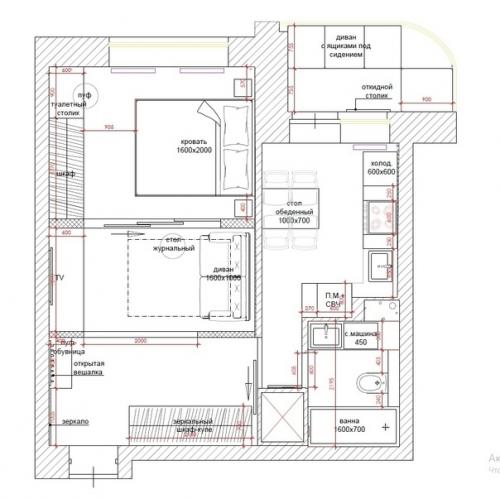 Удачный проект однушки с зонированием. 09