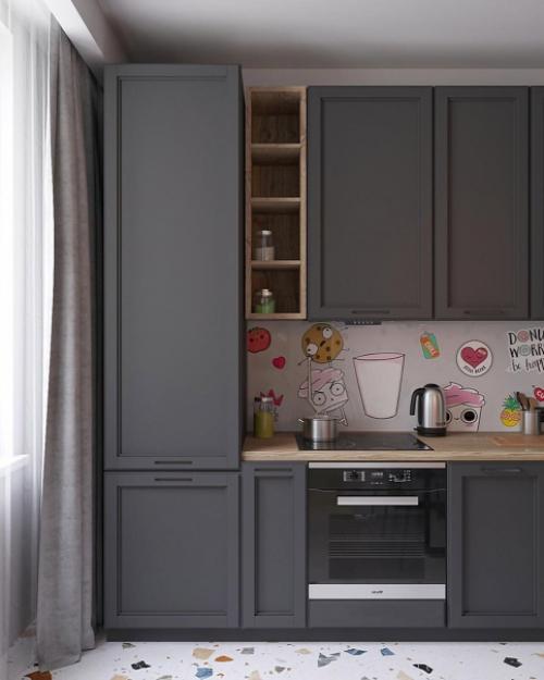 Серая кухня с яркими вкраплениями. 01