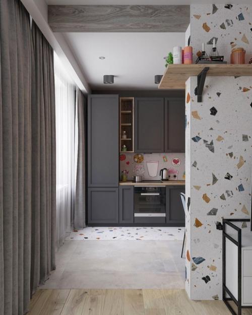 Серая кухня с яркими вкраплениями.