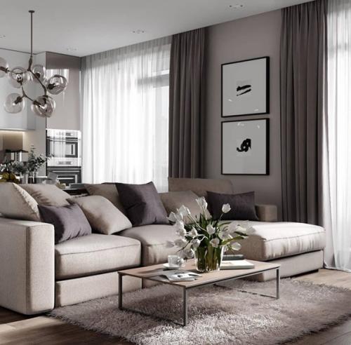 Красивый интерьер просторной кухни - гостиной. 05