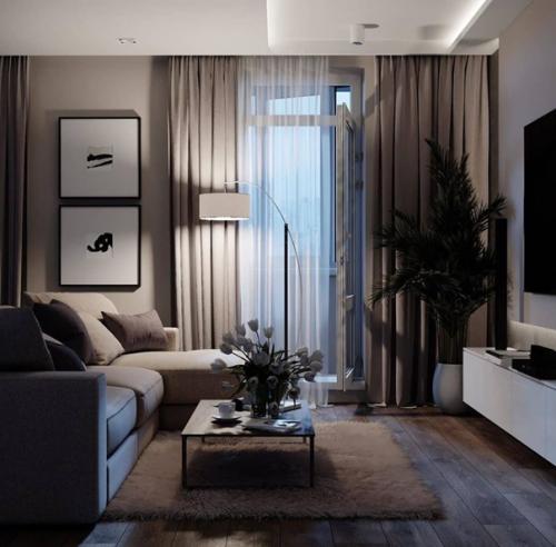 Красивый интерьер просторной кухни - гостиной. 01