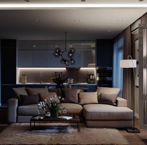 Красивый интерьер просторной кухни - гостиной.