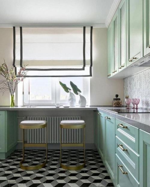 Одним из самых элегантных и красивых оттенков, подходящих для кухни, является цвет Тиффани. 02