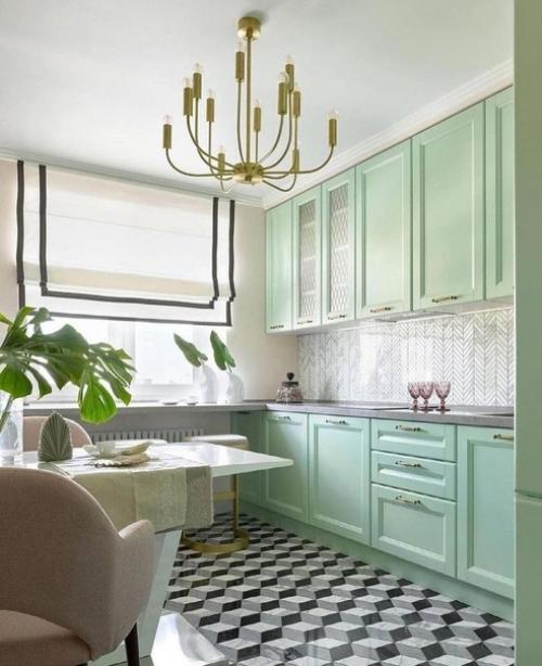 Одним из самых элегантных и красивых оттенков, подходящих для кухни, является цвет Тиффани. 01