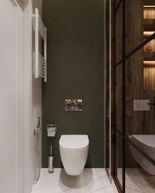Дизайн санузла.  На стеклянной перегородке чёрные профили, а ещё плитка под дерево здорово тут смотрится. 01