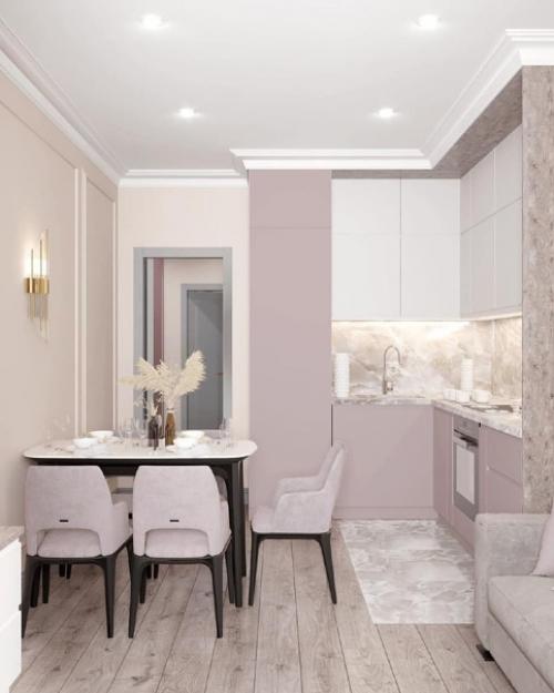 Какая нежная расцветка кухни.