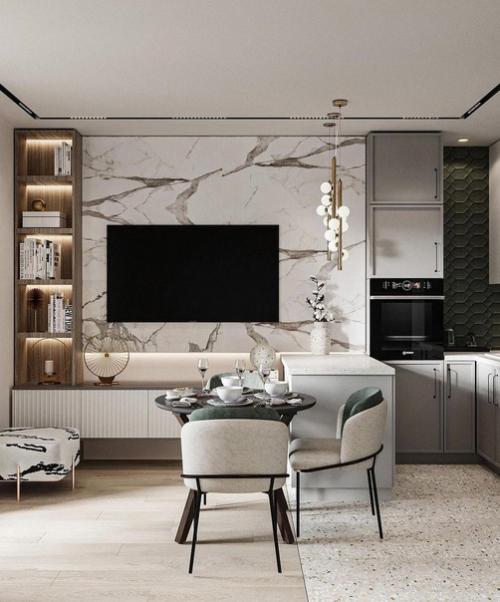 Стильный дизайн кухни - гостиной.