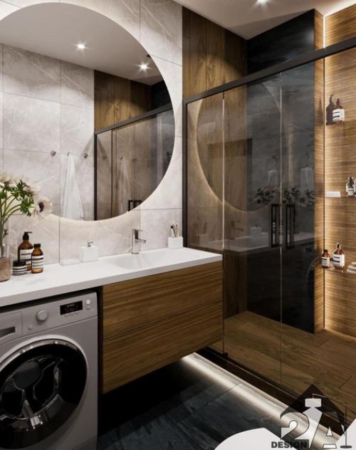 Стильный совмещенный санузел с плиткой под дерево.