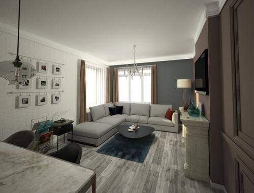 Гостиная, совмещённая с кухней для взрослой семейной пары в стиле американская неоклассика. 05