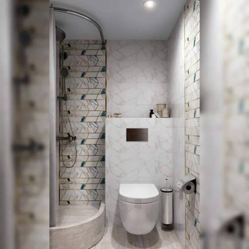 Двухуровневая квартира. На первом этаже находится кухня, гостиная и санузел. 08