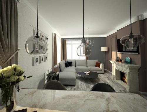 Гостиная, совмещённая с кухней для взрослой семейной пары в стиле американская неоклассика. 04