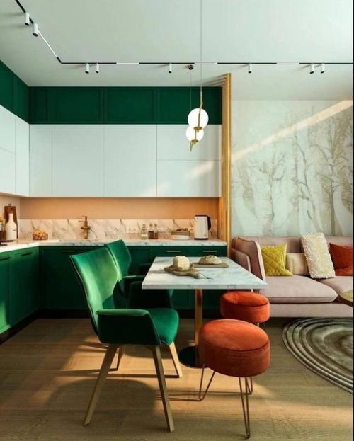 Как круто сочетается насыщенный зеленый цвет с нежным персиковым. 01