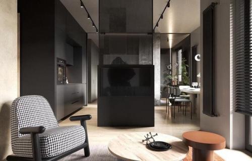 Стильный интерьер квартиры в темной цветовой гамме. 01