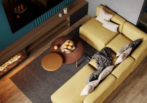 Просторная гостиная.  Насыщенная цветовая гамма и жёлтый диванчик, как солнышко. 03