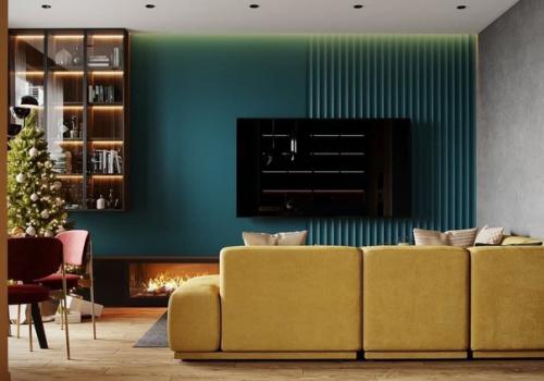 Просторная гостиная.  Насыщенная цветовая гамма и жёлтый диванчик, как солнышко. 02