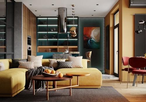 Просторная гостиная.  Насыщенная цветовая гамма и жёлтый диванчик, как солнышко.