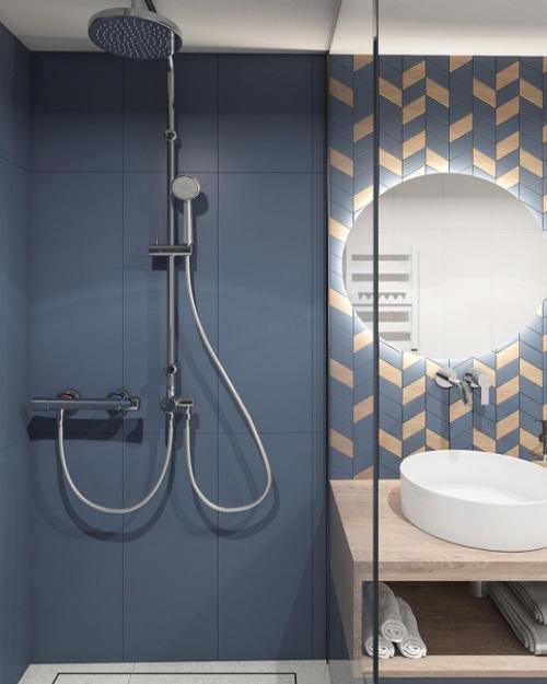 Отличное сочетание золотого и такого интересного оттенка синего цвета в санузле. 01