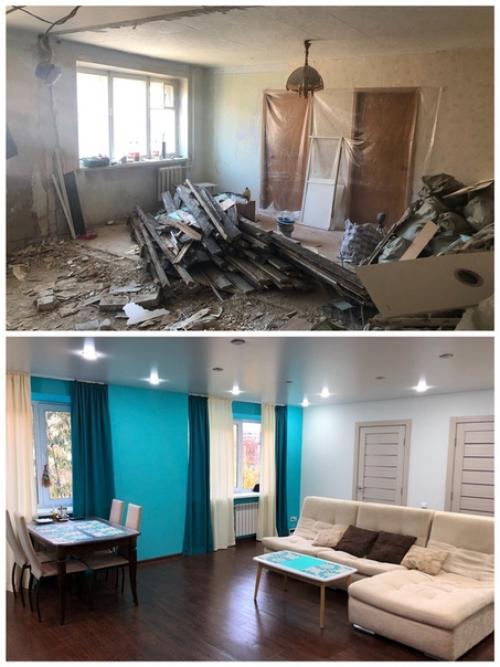 Было/стало.  Из 4-х комнатной (брежневки) получилась студия + 2 спальни. 08