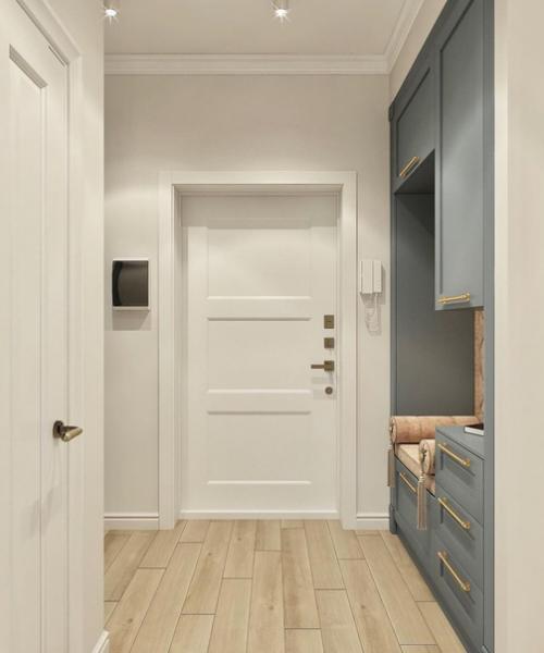 Прихожая в белом цвете с акцентами оливкового цвета. 02