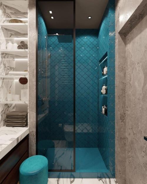 Совмещённый санузел.  Интересное комбинирование плитки. 01