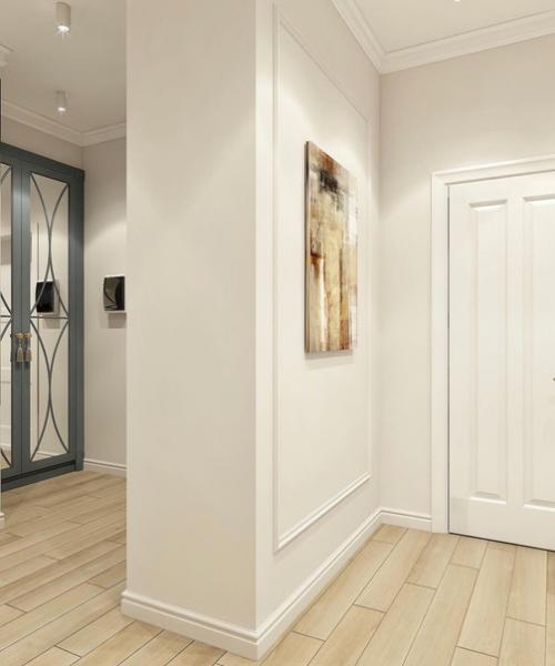 Прихожая в белом цвете с акцентами оливкового цвета. 01