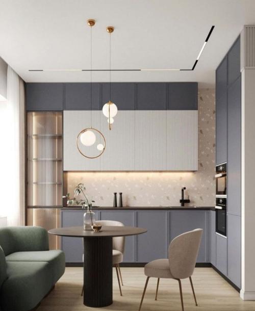 Удачный дизайн кухни - гостиной в серой цветовой гамме. 04