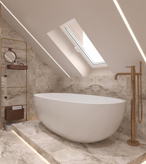 Прекрасный интерьер совмещенного санузла на мансардном этаже.