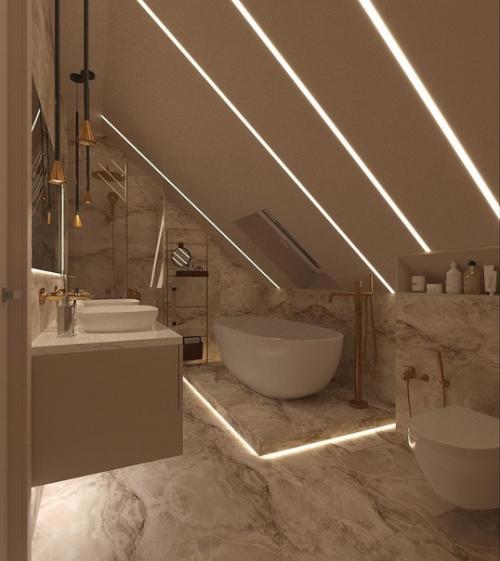 Прекрасный интерьер совмещенного санузла на мансардном этаже. 04