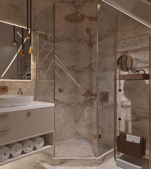 Прекрасный интерьер совмещенного санузла на мансардном этаже. 02