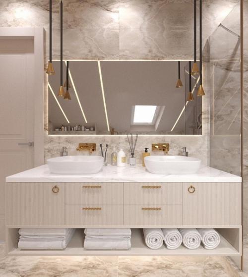 Прекрасный интерьер совмещенного санузла на мансардном этаже. 05