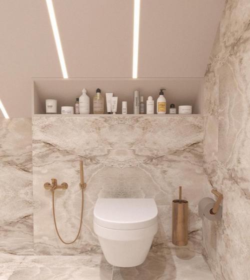 Прекрасный интерьер совмещенного санузла на мансардном этаже. 07